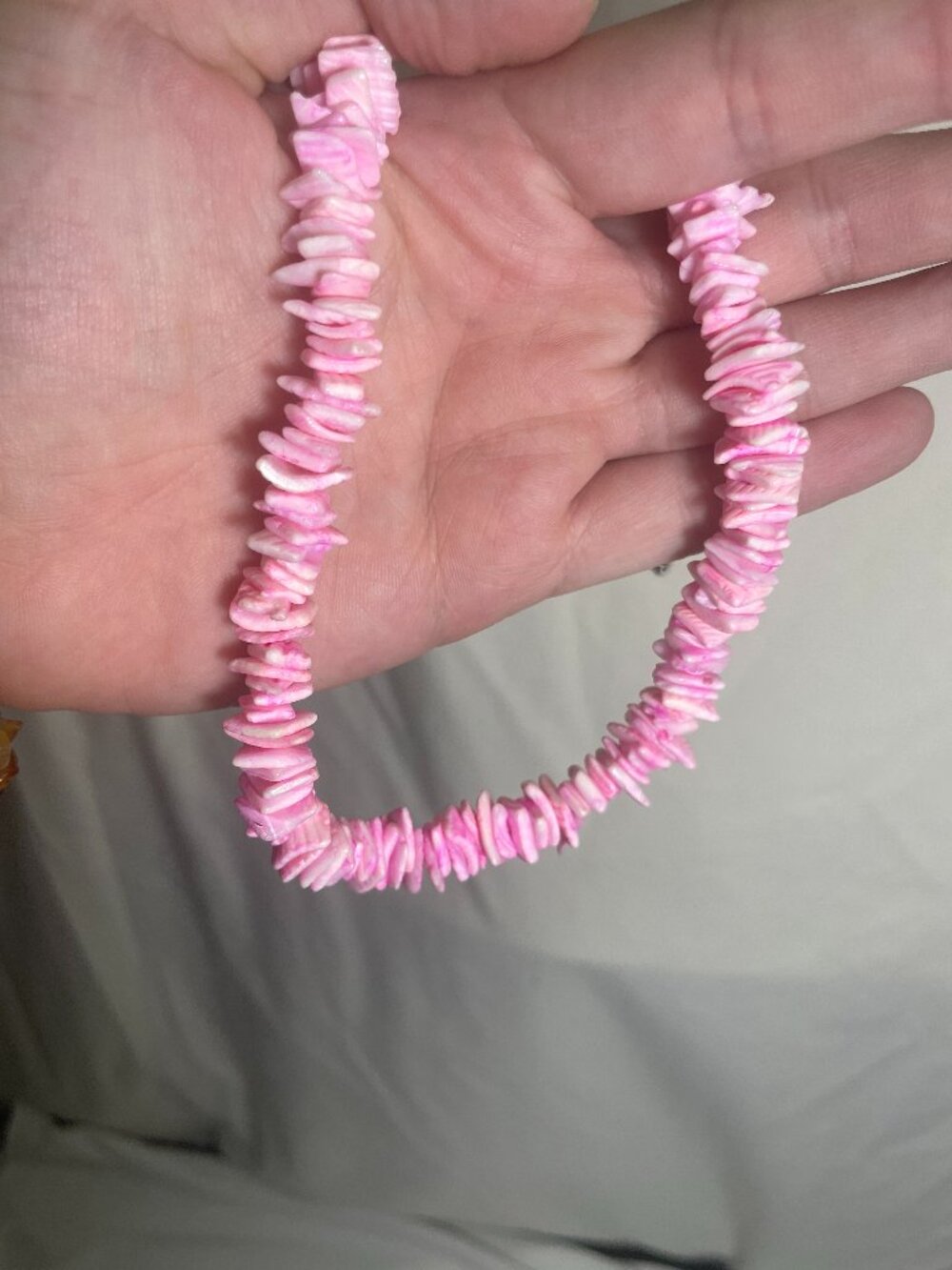 Pink Puka Shell Chip Beaded Necklace 17” Beach Coastal Boho Barrel Clasp